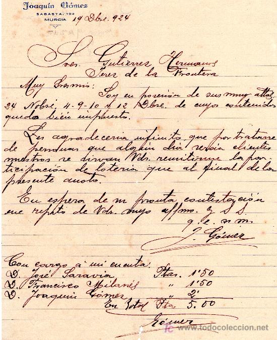 Cartas comerciales: MURCIA 19 DE OCTUBRE DE 1924.CARTA COMERCIAL JOAQU&Iacute;N G&Oacute;MEZ