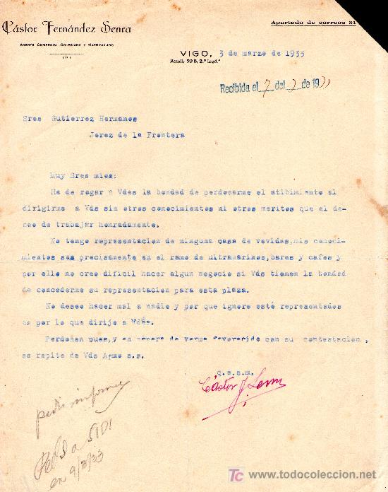 Cartas comerciales: VIGO, 3 DE MARZO DE 1933.CARTA COMERCIAL C&Aacute;STOR FERN&Aacute;NDEZ SENRA