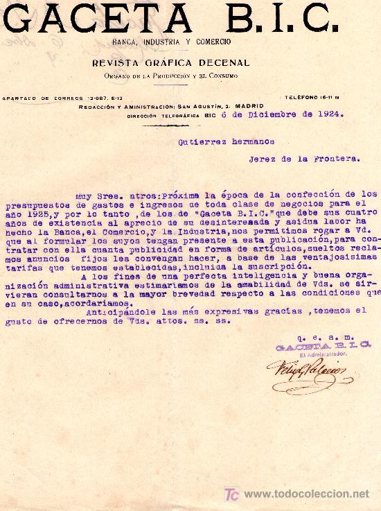 Cartas comerciales: MADRID 6 DE DICIEMBRE DE 1924.CARTA COMERCIAL GACETA B.I.C.