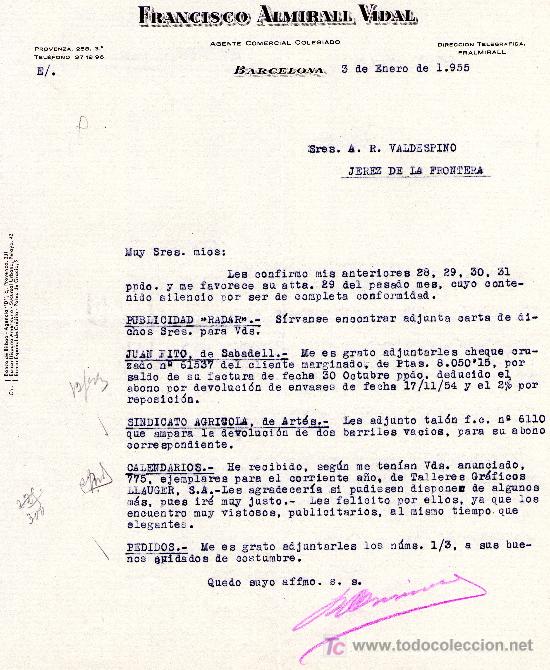 Cartas comerciales: BARCELONA 3 DE ENERO DE 1955 CARTA COMERCIAL FRANCISCO ALMIRALL VIDAL