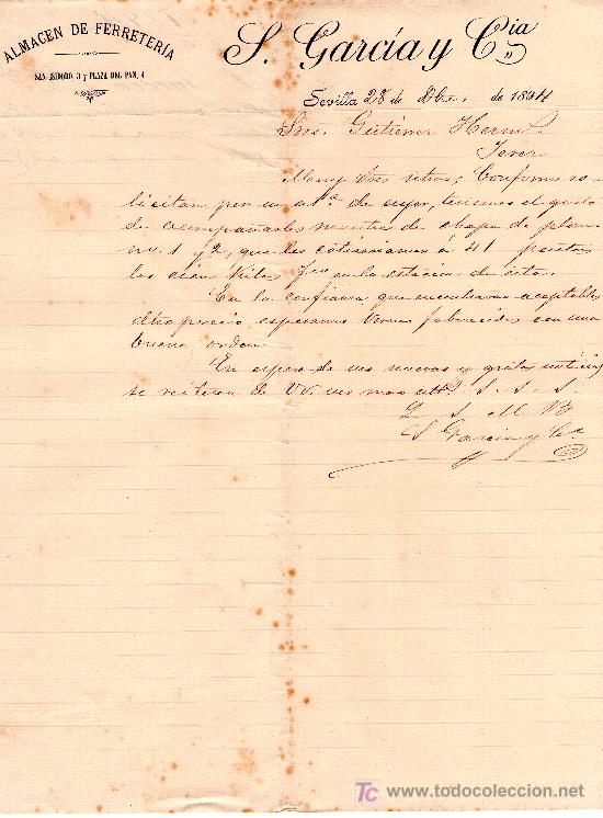 Cartas comerciales: SEVILLA 28 DE OCTUBRE DE 1894.CARTA COMERCIAL S.GARC&Iacute;A Y CIA