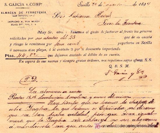 Cartas comerciales: SEVILLA 24 DE AGOSTO DE 1894.CARTA COMERCIAL S.GARC&Iacute;A Y CIA