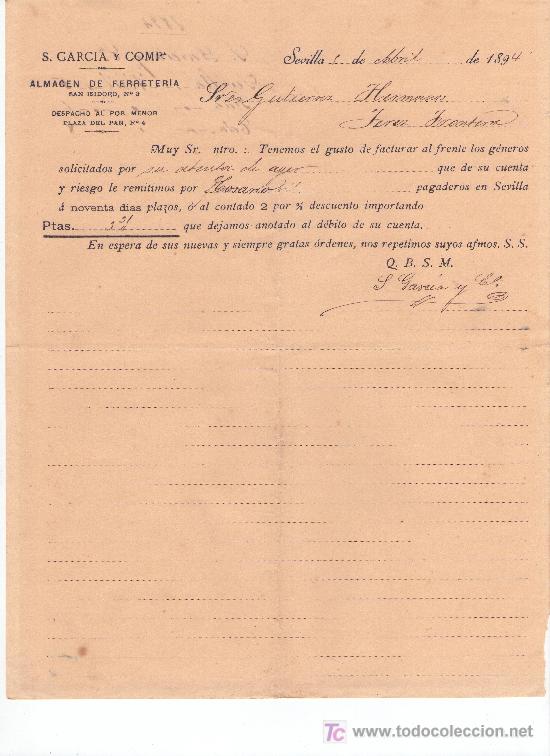 Cartas comerciales: SEVILLA 1 DE ABRIL DE 1894.CARTA COMERCIAL S.GARC&Iacute;A Y CIA