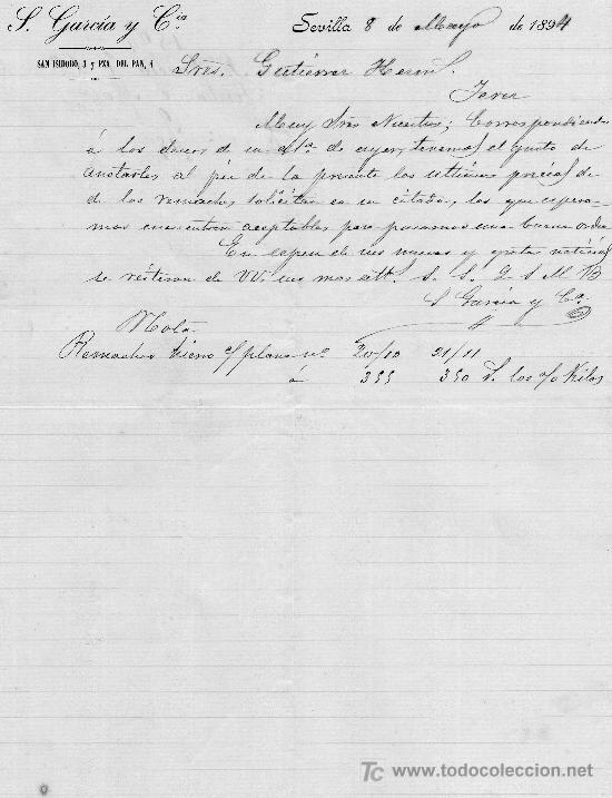 Cartas comerciales: SEVILLA 8 DE MAYO DE 1894.CARTA COMERCIAL S.GARC&Iacute;A Y CIA
