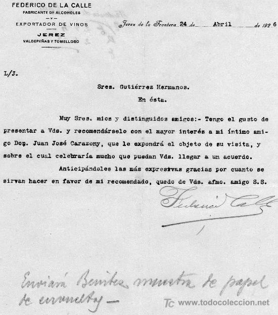 Cartas comerciales: JEREZ 24 DE ABRIL DE 1926.CARTA COMERCIAL FEDERICO DE LA CALLE
