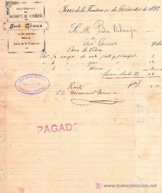 Lettres commerciales: JEREZ 10 DE DICIEMBRE DE 1897. CARTA COMERCIAL DEPOSITO