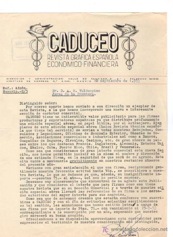 Cartas comerciales: MADRID. 1953. CARTA COMERCIAL DE REVISTA GRAFICA ESPA&Ntilde;OLA. ECONOMICO FINANCIERA. CADUCEO.