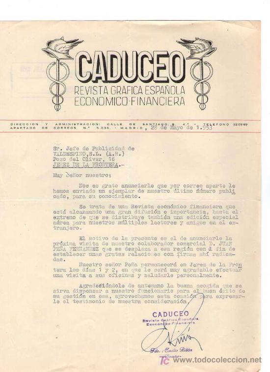 Cartas comerciales: MADRID. 1953. CARTA COMERCIAL DE REVISTA GRAFICA ESPA&Ntilde;OLA. ECONOMICO FINANCIERA. CADUCEO.