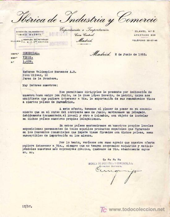 Cartas comerciales: MADRID. 1953. CARTA COMERCIAL DE EXPORTACION E IMPORTACION. IBERICA DE INDUSTRIA Y COMERCIAL.
