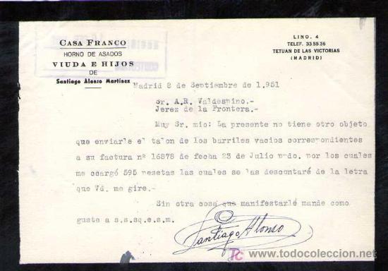 Gesch&auml;ftsbriefe: MADRID. 1951. CARTA COMERCIAL DE HORNO ASADOS. CASA FRANCO. VIUDAD E HIJOS DE SANTIAGO ALONSO MARTIN