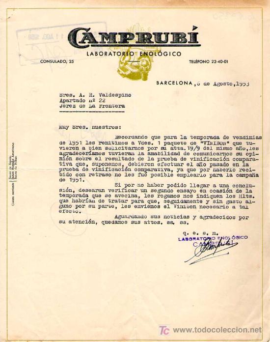 Gesch&auml;ftsbriefe: BARCELONA. 1953. CARTA COMERCIAL DE LABORATORIO ENOLOGICO. CAMPRUBI.