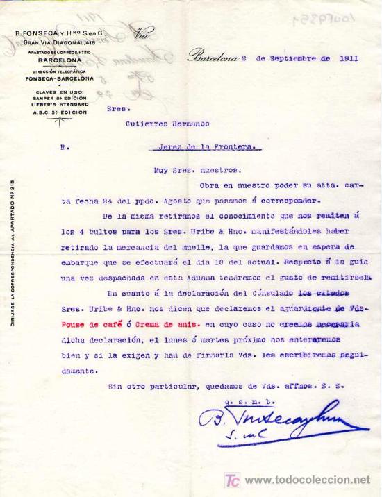 Gesch&auml;ftsbriefe: BARCELONA. 1911. CARTA COMERCIAL DE B. FONSECA Y HERMANOS. S. EN C.