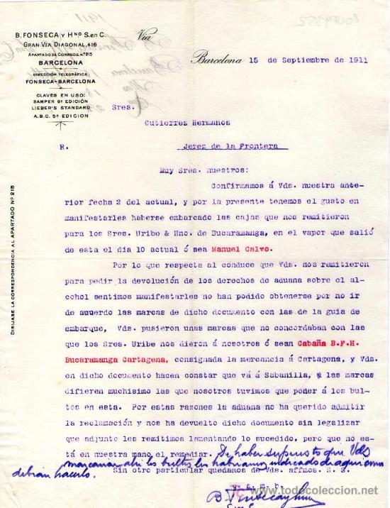 Gesch&auml;ftsbriefe: BARCELONA. 1911. CARTA COMERCIAL DE B. FONSECA Y HERMANOS. S. EN C.