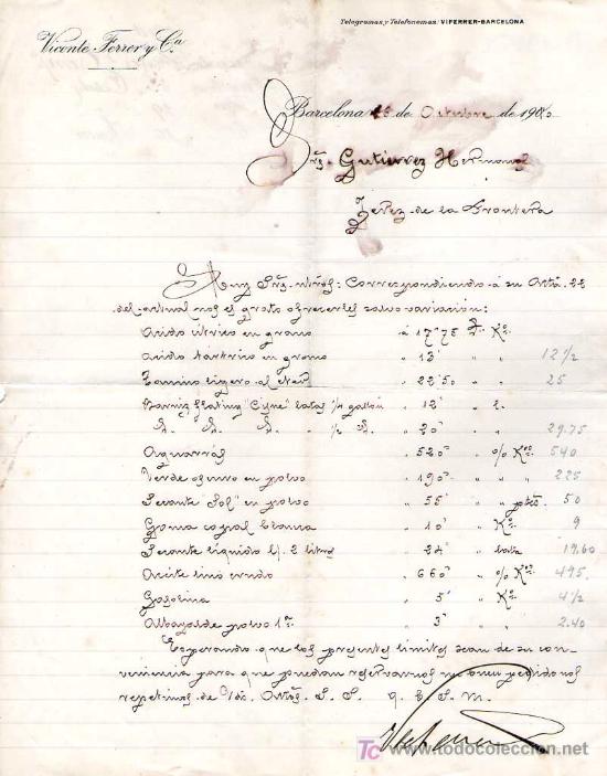 Gesch&auml;ftsbriefe: BARCELONA. 1910. CARTA COMERCIAL DE VICENTE FERRER Y CIA.