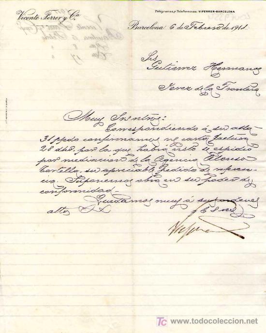 Gesch&auml;ftsbriefe: BARCELONA. 1911. CARTA COMERCIAL DE VICENTE FERRER Y CIA.