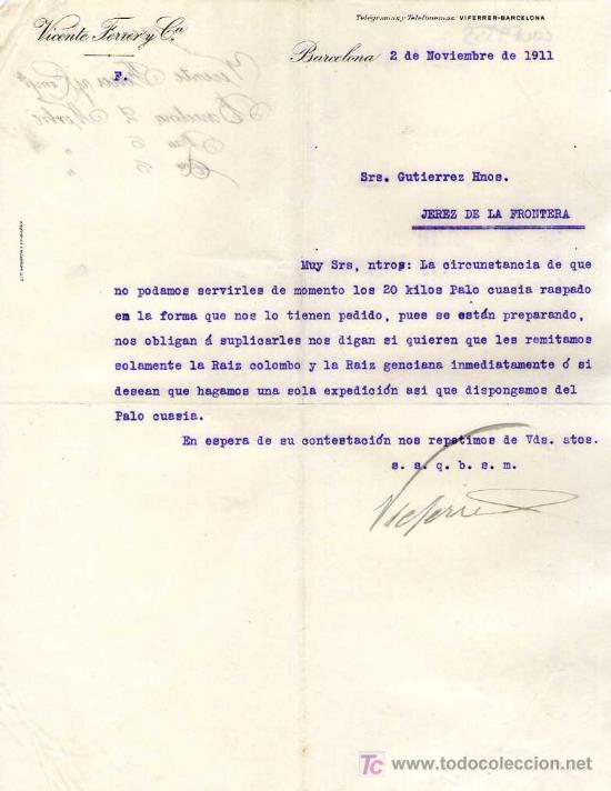 Gesch&auml;ftsbriefe: BARCELONA. 1911. CARTA COMERCIAL DE VICENTE FERRER Y CIA.