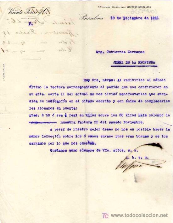 Lettres commerciales: BARCELONA. 1911. CARTA COMERCIAL DE VICENTE FERRER Y CIA.