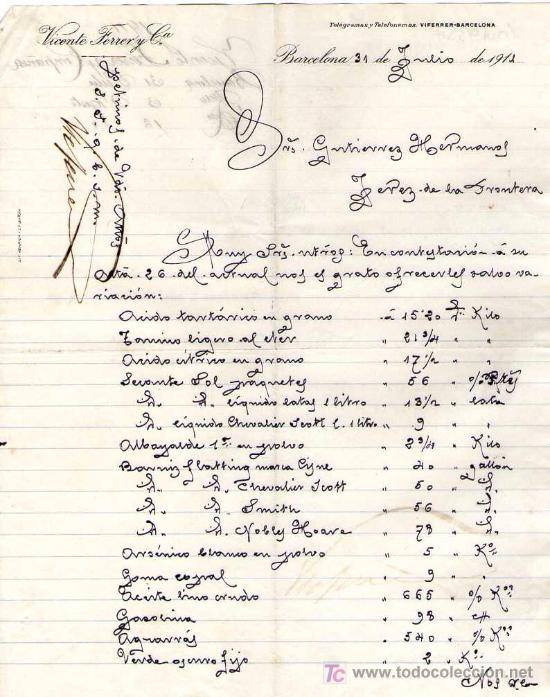 Lettres commerciales: BARCELONA. 1911. CARTA COMERCIAL DE VICENTE FERRER Y CIA.