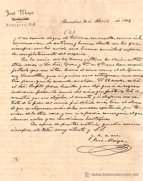 Lettres commerciales: BARCELONA. 1917. CARTA COMERCIAL DE JOSE MOYA.