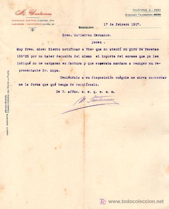 Lettres commerciales: BARCELONA. 1917. CARTA COMERCIAL DE M. SANTACANA.