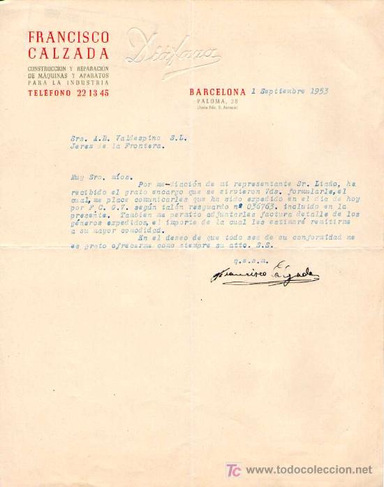 Lettres commerciales: BARCELONA. 1953. CARTA COMERCIAL DE DIAFANA. FRANCISCO CALZADA.