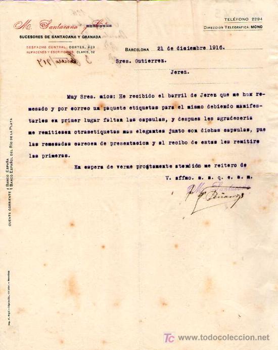 Lettres commerciales: BARCELONA. 1916. CARTA COMERCIAL DE M. SANTACANA.