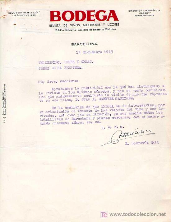 Lettres commerciales: BARCELONA. 1953. CARTA COMERCIAL DE REVISTA DE VINOS, ALCOHOLES Y LICORES. BODEGA.