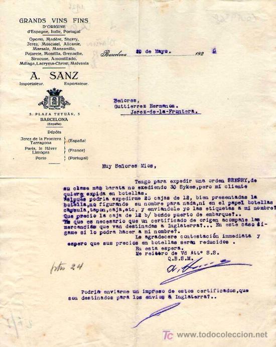 Lettres commerciales: BARCELONA. 1926. CARTA COMERCIAL DE A. SANZ. GRANDS VINS FINS.