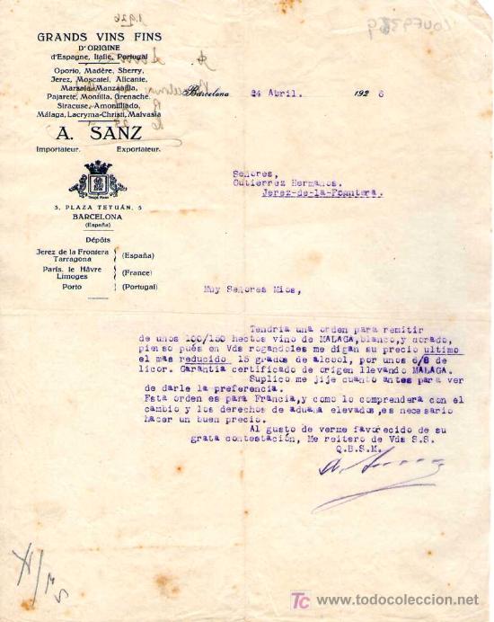 Lettres commerciales: BARCELONA. 1926. CARTA COMERCIAL DE A. SANZ. GRANDS VINS FINS.