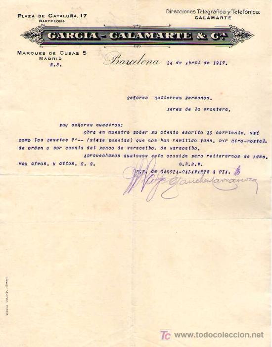 Lettres commerciales: BARCELONA. 1917. CARTA COMERCIAL DE GARCIA - CALAMARTE & CIA.