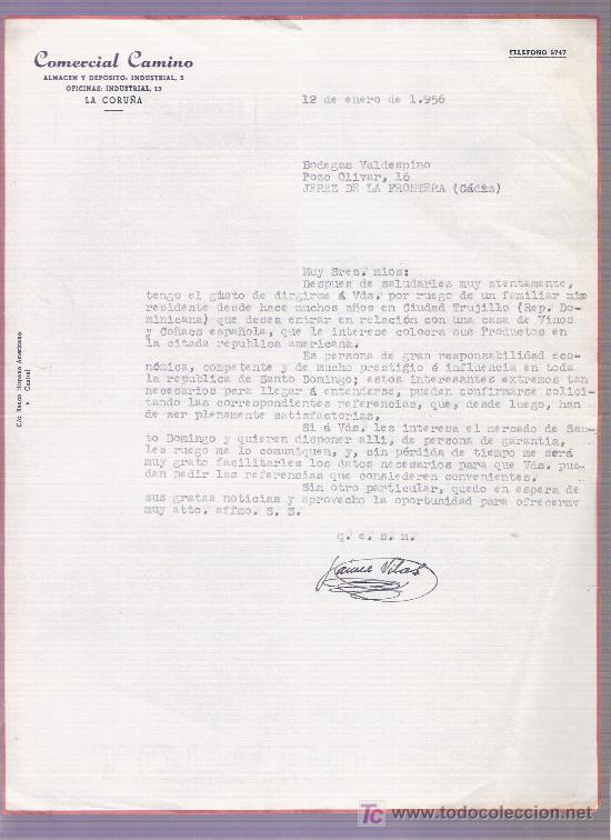 Gesch&auml;ftsbriefe: CARTA COMERCIAL. COMERCIAL CAMINO. VALDESPINO. JEREZ. ENERO 1956.