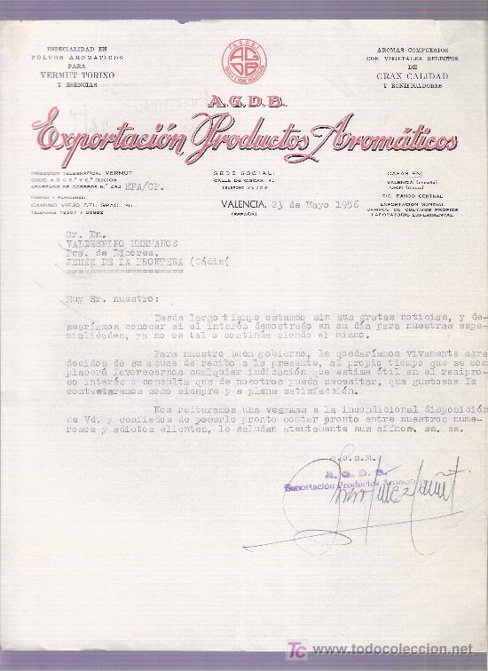 Gesch&auml;ftsbriefe: CARTA COMERCIAL. EXPORTACION PRODUCTOS AROMATICOS. VALDESPINO. VALENCIA. MAYO 1956.