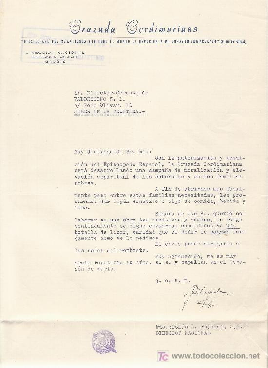 Cartas comerciales: CARTA COMERCIAL. CRUZADA CORDIMARIANA. VALDESPINO. PUJADAS. RECIBIDA 1955.MADRID