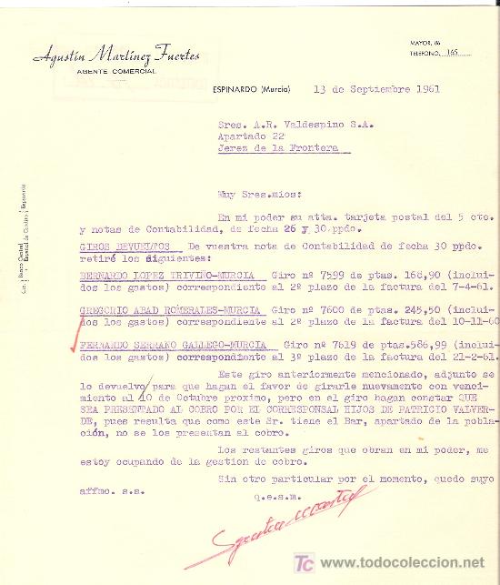 Lettere commerciali: CARTA COMERCIAL. AGUSTIN MARTINEZ FUERTES. AGENTE COMERCIAL. VALDESPINO.ESPINARDO.MURCIA