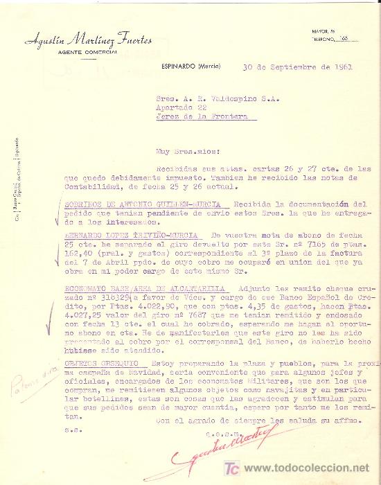Lettere commerciali: CARTA COMERCIAL. AGUSTIN MARTINEZ FUERTES. AGENTE COMERCIAL. VALDESPINO. ESPINARDO.MURCIA