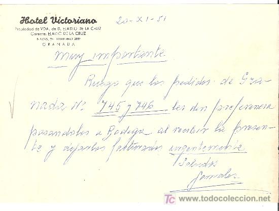 Lettere commerciali: CARTA COMERCIAL. HOTEL VICTORIANO. NOVIEMBRE 1951..GRANADA