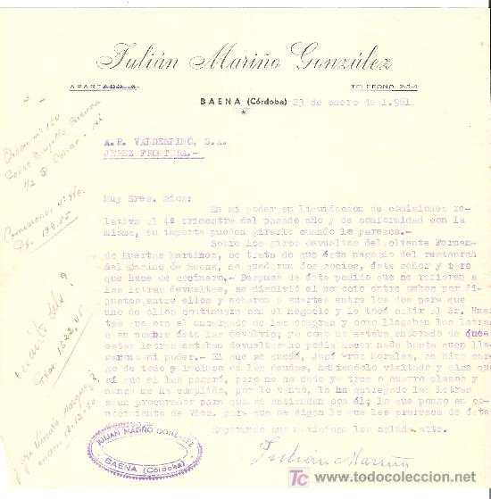 Lettere commerciali: CARTA COMERCIAL. JULIAN MARI&Ntilde;O GONZALEZ. VALDESPINO. BAENA (CORDOBA). ENERO 1961.