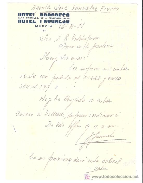 Lettere commerciali: CARTA COMERCIAL. HOTEL PROGRESO. MURCIA. VALDESPINO. ABRIL 1951.
