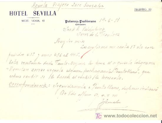 Lettere commerciali: CARTA COMERCIAL. HOTEL SEVILLA. VALDESPINO. CORDOBA. JUNIO 1951.