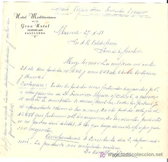 Lettere commerciali: CARTA COMERCIAL. HOTEL MEDITERRANEO. CARTAGENA. VALDESPINO. OCTUBRE 1951.
