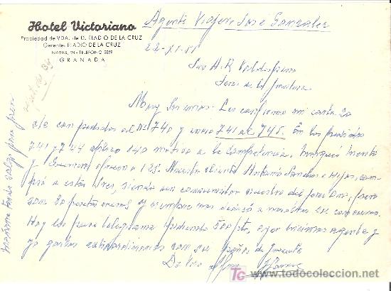 Lettere commerciali: CARTA COMERCIAL. HOTEL VICTORIANO. GRANADA. VALDESPINO. JEREZ. NOVIEMBRE 1951.