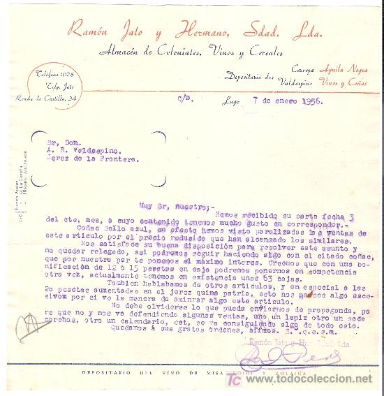 Lettere commerciali: CARTA COMERCIAL. RAM&Oacute;N JATO Y HERMANO, SDAD. LDA. ALMACEN DE COLONIALES, VINOS Y CEREALES.ENERO 1956