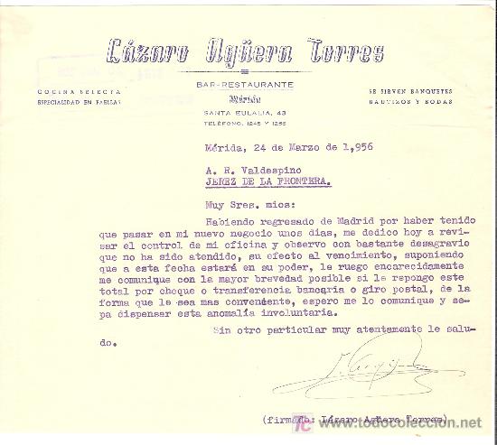 Lettere commerciali: CARTA COMERCIAL. LAZARO AGUERA TORRES. BAR-RESTAURANTE. VALDESPINO. JEREZ. MARZO 1956.