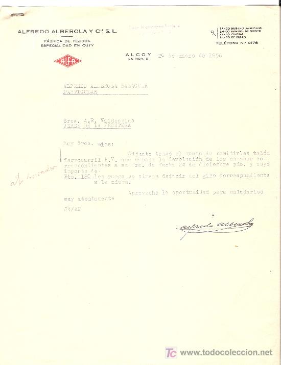 Lettere commerciali: CARTA COMERCIAL. ALFREDO ALBEROLA Y CIA. FABRICA DE TEJIDOS. VALDESPINO. JEREZ. ENERO 1956.