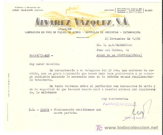 Lettere commerciali: CARTA COMERCIAL. ALVAREZ VAZQUEZ, S.A. ESTAMPACION. VALDESPINO. JEREZ DE LA FRONTERA. NOVIEMBRE 1956