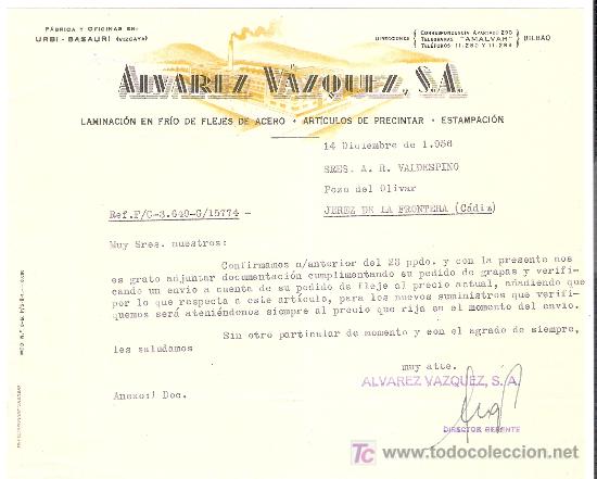 Lettere commerciali: CARTA COMERCIAL. ALVAREZ VAZQUEZ, S.A. ESTAMPACION. VALDESPINO. JEREZ DE LA FRONTERA. DICIEMBRE 1956