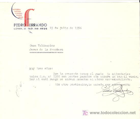Cartas comerciais: CARTA COMERCIAL. PEDRO FERRANDO. SASTRERIA. JULIO 1956. VALDESPINO. JEREZ.