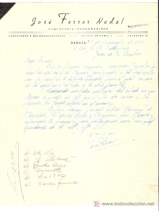 Cartas comerciais: CARTA COMERCIAL. JOSE FERRER NADAL. ULTRAMARINOS. DICIEMBRE 1955. VALDESPINO. JEREZ.
