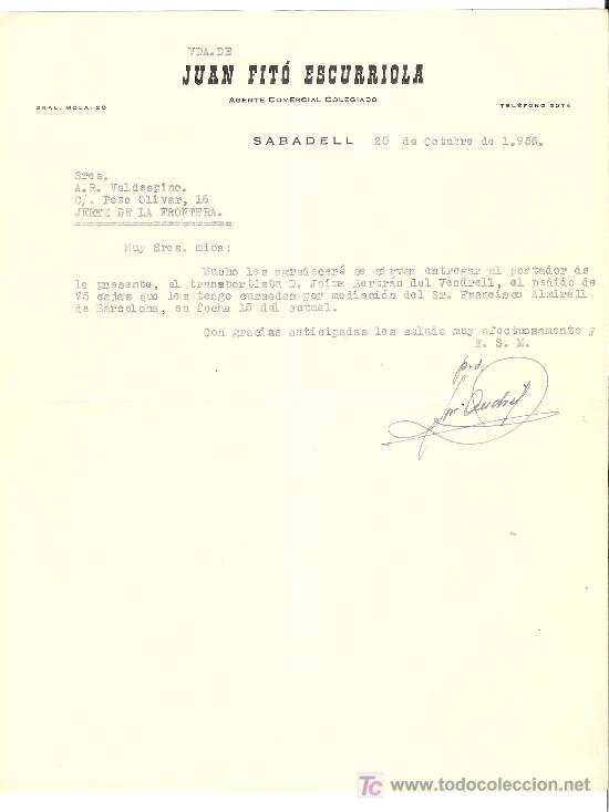 Cartas comerciais: CARTA COMERCIAL. JUAN FITO ESCURRIOLA. AGENTE COMERCIAL COLEGIADO. OCTUBRE 1956. VALDESPINO.