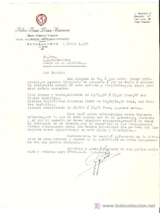 Cartas comerciais: CARTA COMERCIAL. FELIX FRIAS DIAZ-CARRASCO. AGENTE COMERCIAL COLEGIADO. JULIO 1956. VALDESPINO.